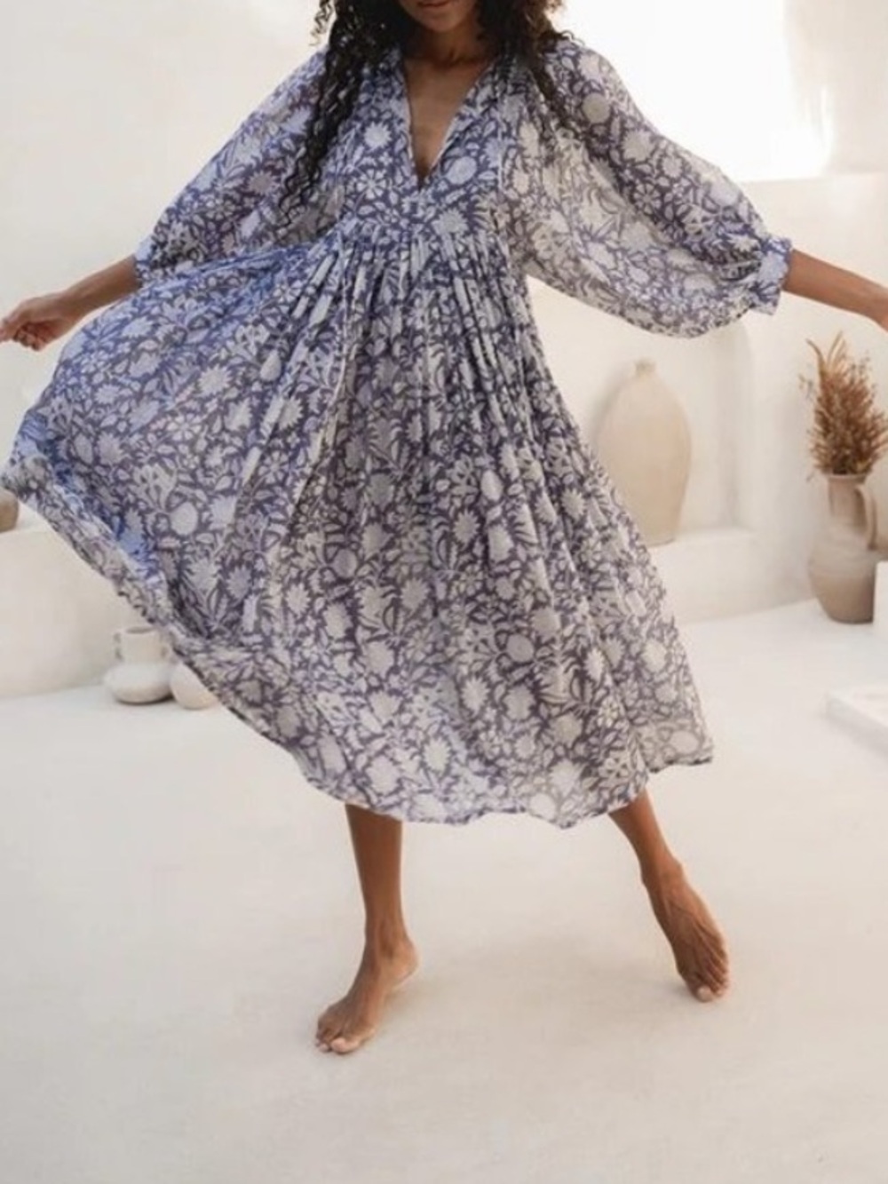 Daughters of India Blue and White Floral Midi Dress